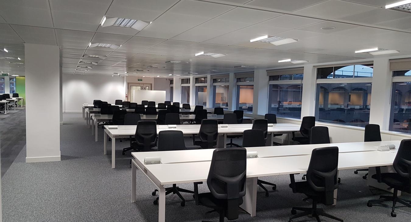 Interior of refurbished office space with new LED lighting - Commercial Electrician in Elmbridge - Precision Electrical Services 